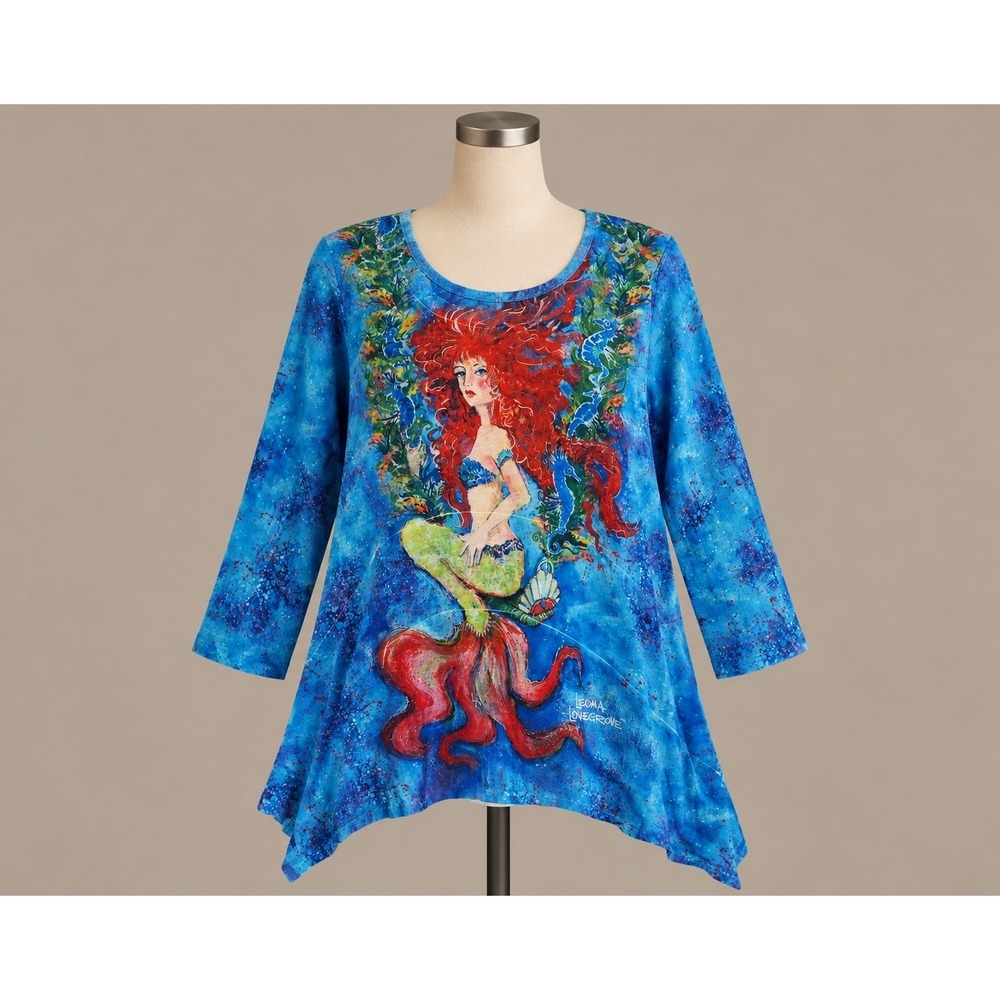 Leoma Lovegrove Mermaid Graphic Art Blue Sharkbite Hem Top Size Large